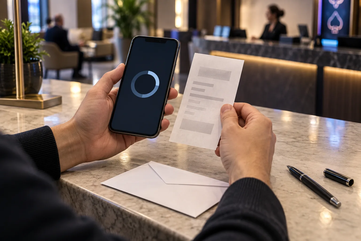 An unidentifiable player's hands comparing a phone status with a paper transaction slip, The player aligns the transaction