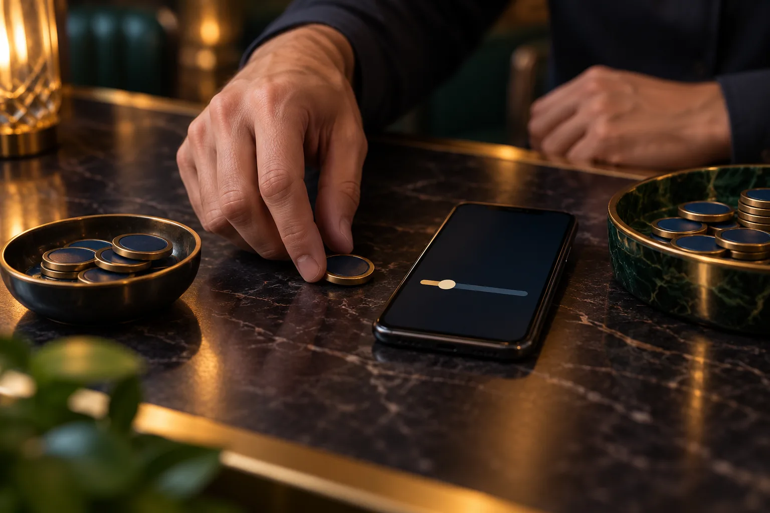 One hand selecting a single token from a small stake pile, The hand places one token beside the phone while the larger