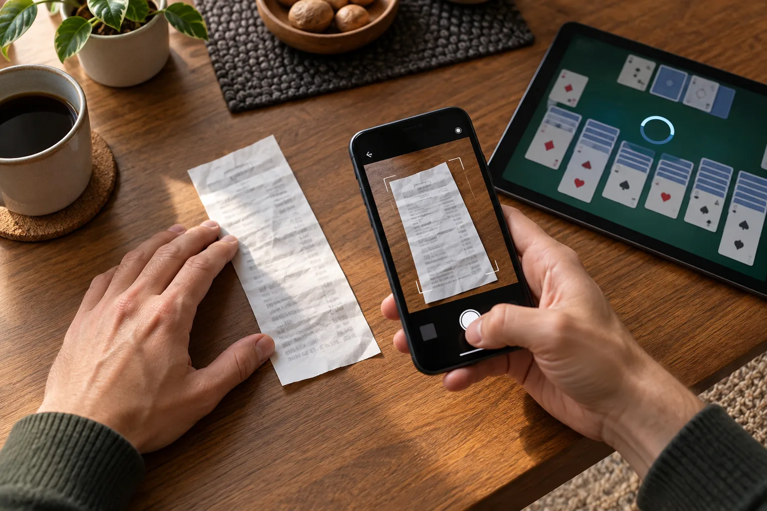 Anonymous adult hands photographing a receipt beside a device showing an interrupted card game, One hand flattens the